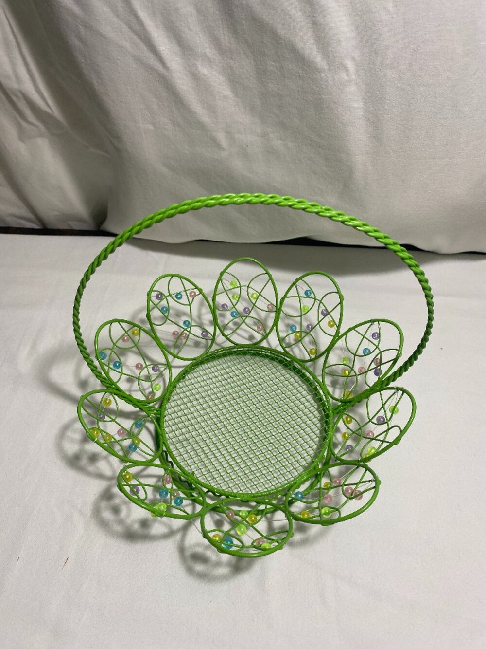 Easter Wire Egg Basket Green Metal Beaded Handle Spring Decor Centerpiece 10"